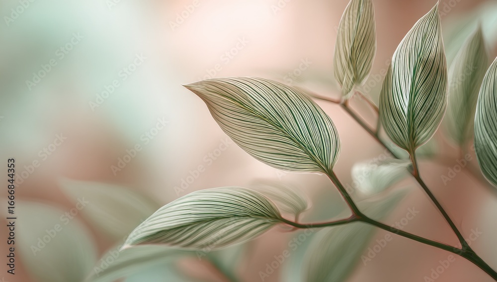 Obraz premium Delicate, light green leaves with pale striations, soft muted colors, shallow depth of field
