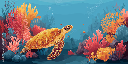 Vibrant underwater illustration of a sea turtle swimming through a colorful coral reef garden.