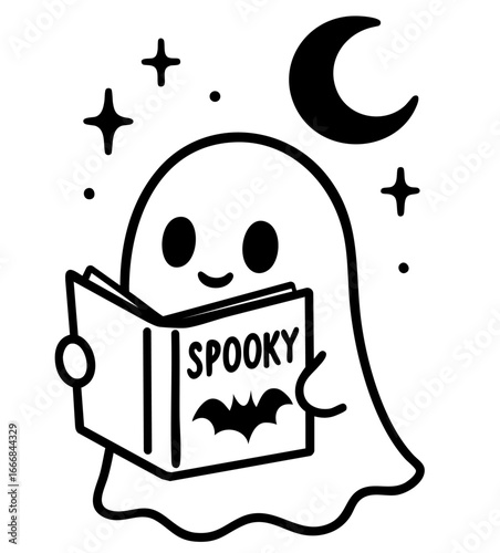 Cute ghost sitting under moon and stars, holding an open spooky book with bat on cover, reading with big smile.