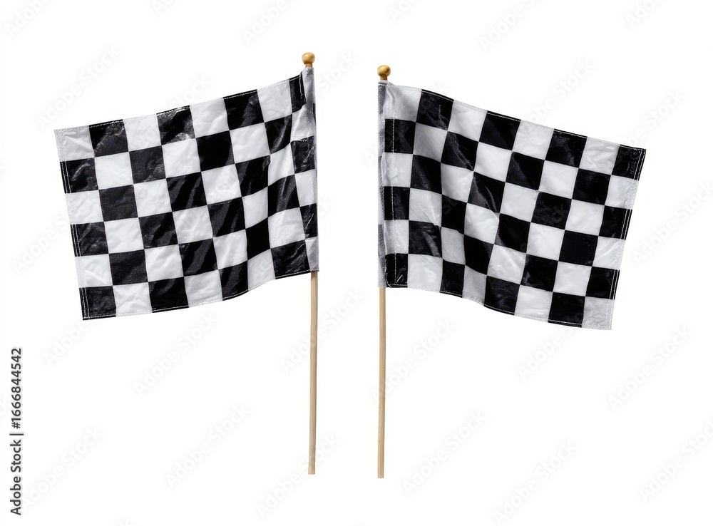 Fototapeta premium Two checkered racing flags, black and white squares, waving, on isolated white background