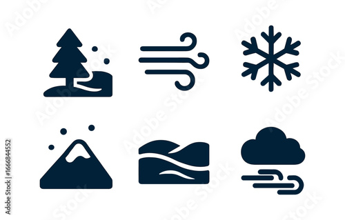 vector solid black filled icons tundra (twilight): blue tones faint light wind snow ridges cold mist silence.