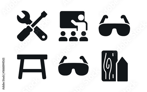 vector solid black filled icons vocational training (workshop): tools instructor students benches safety glasses materials.