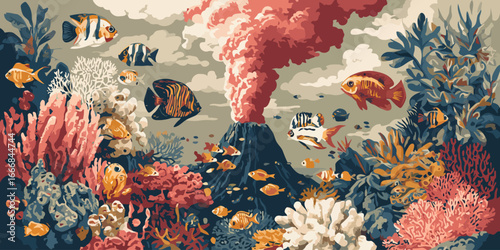 Stylized illustration of a vibrant coral reef with tropical fish swimming around an erupting underwater volcano.