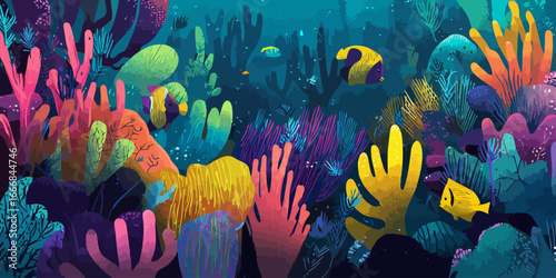 Vibrant digital illustration of a colorful coral reef with tropical fish swimming in a stylized underwater scene.