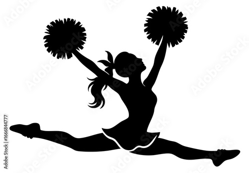 Cheerleader silhouette performing front split jump also known as jump split with legs stretched in horizontal split and arms raised diagonally holding pom poms, popular in American football, basketbal