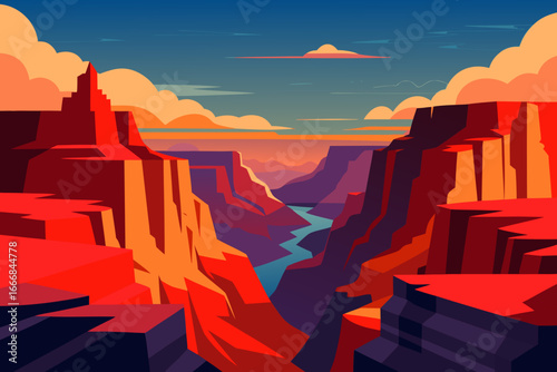 Stylized grand canyon landscape with river and clouds