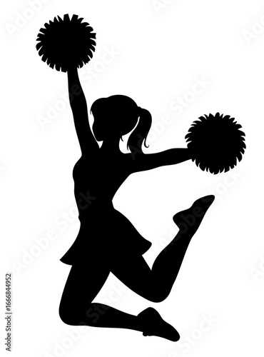 Cheerleader silhouette performing hurdler jump with one leg kicked forward and the other bent backward, arms raised high holding pom poms