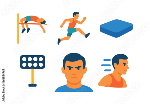 vector colorful flat filled icons figure jumping (sports): high jump athlete mid air landing mat stadium lights focused face motion blur.