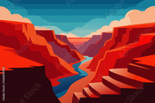 Vibrant stylized grand canyon landscape with river and clouds