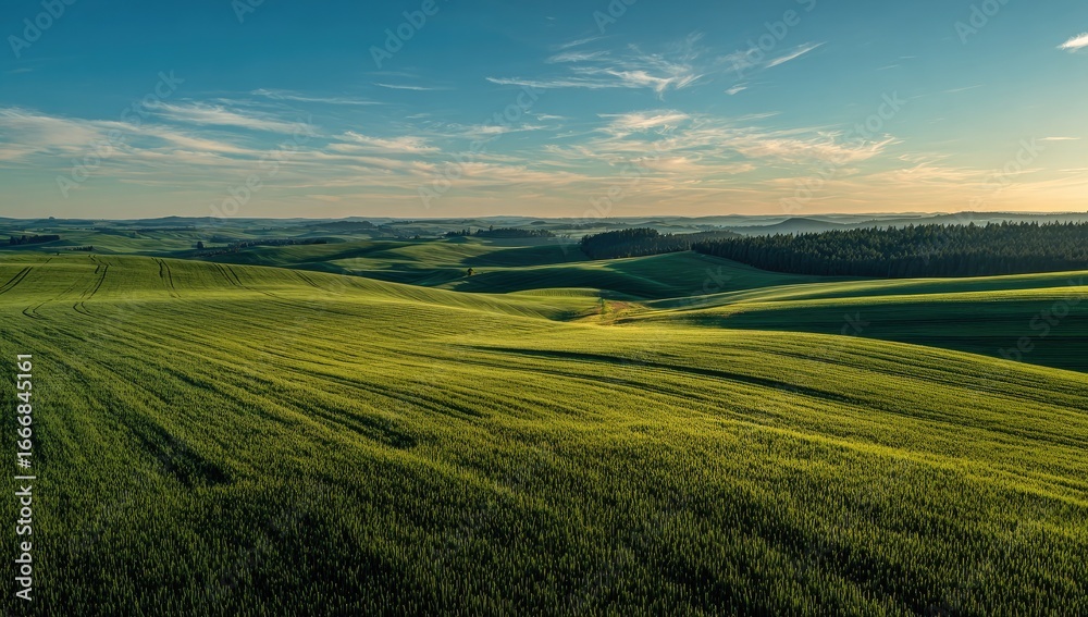 Fototapeta premium Rolling green fields meet a clear blue sky