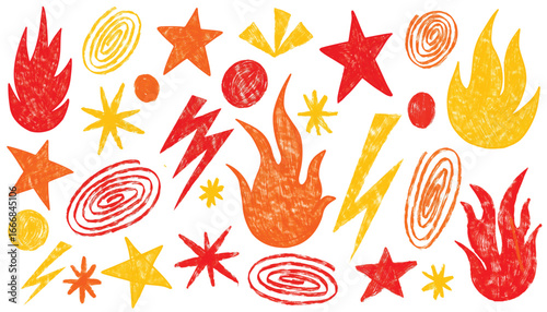 New hand drawn cartoon hot element. Flash lightning star pastel pattern. Punk rock vector background. Fire, thunder, star doodle icon. Flame, lightning bolt, star crayon pencil simple scribble set