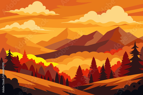 Vibrant sunset over mountainous landscape with evergreen trees
