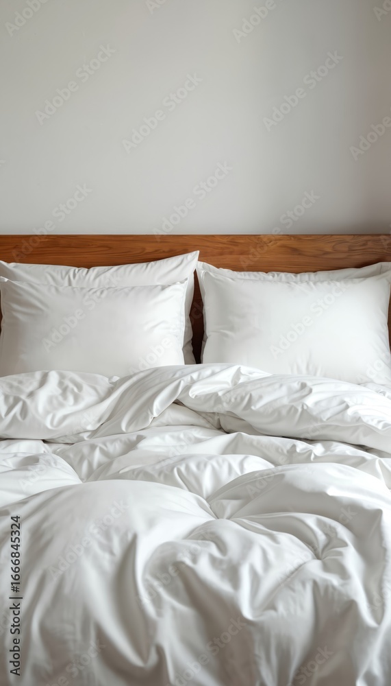 Obraz premium Neatly laid out snow-white bed linen with two pillows on white duvet. Close-up front view of comfortable bed, inviting relaxation. Soft, smooth textile perfect for hotel, apartment, bedroom mockups.