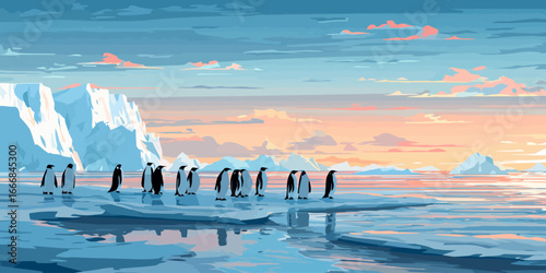 A stylized illustration of a penguin colony standing on an ice floe against a vibrant arctic sky.