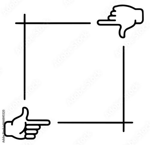 QR code scanning frame with corner guides, hand pointers indicating focus area, camera overlay for barcode detection, mobile app interface element for scan, pay, ticket, access, login, verification
