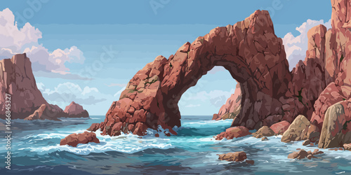Stylized illustration of a majestic red rock arch over a turbulent blue ocean.