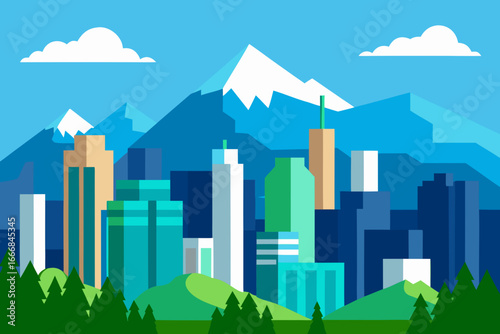 Stylized cityscape with mountains and evergreen trees