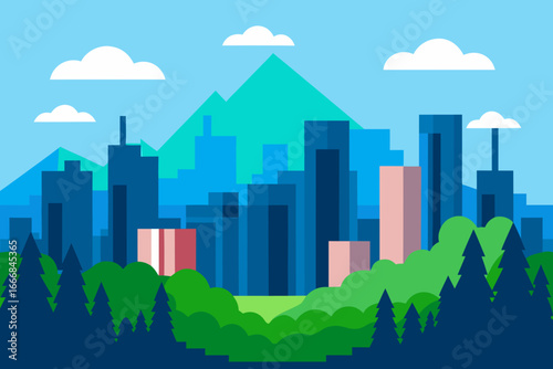 Stylized cityscape with mountains and evergreen trees