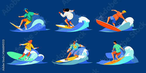 A vibrant, stylized collection of diverse male and female surfers riding ocean waves in colorful summer attire.