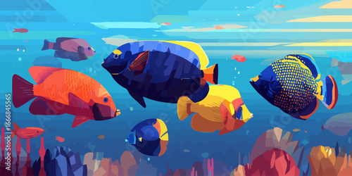 Vibrant illustration of a school of colorful tropical fish swimming in a stylized underwater world.
