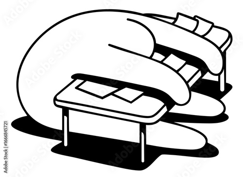 Abstract character collapsed face down on desk symbolizing burnout, exhaustion, overwork, academic stress, fatigue, emotional overload and lack of energy