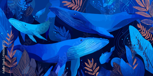 A pod of majestic blue whales swimming gracefully through a stylized, deep blue underwater forest.