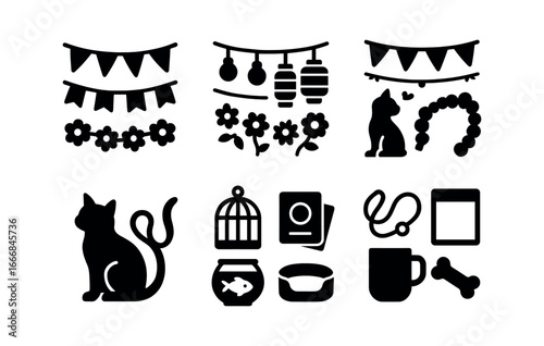 vector solid black filled icons local fair (decorations): pennant banners string lights paper lanterns bunting flags floral garlands balloon arches.