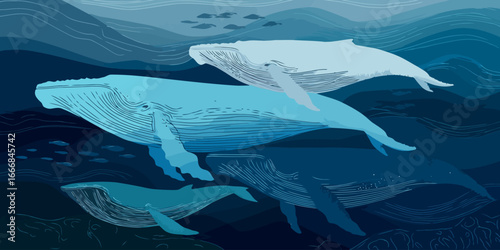 A pod of stylized blue humpback whales with detailed line art swimming gracefully together.