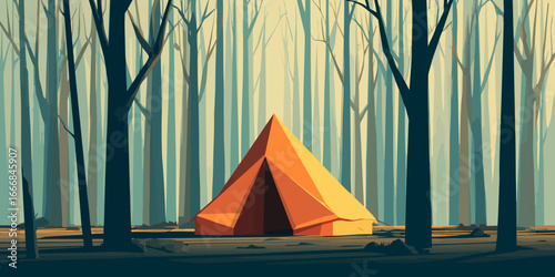 A vibrant orange pyramid-shaped camping tent with an open flap in a graphic, minimalist style.