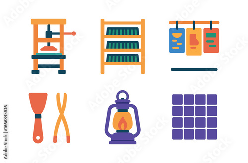 vector colorful filled icons typesetter (historic shop): wooden press shelves of type posters tools lantern tiled floor.