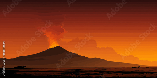 Erupting volcano silhouette with a plume of smoke against a dramatic, posterized red and orange sky.