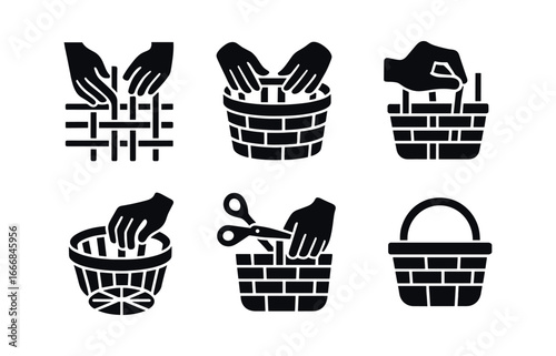 vector solid black filled icons basket maker (process): weaving hands forming rim tightening weave shaping bottom trimming finishing.