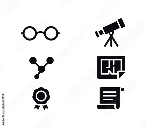 vector solid black filled icons clarity (historic): old spectacles polished telescope ink diagram architectural blueprint wax seal parchment.