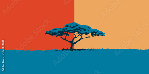Stylized blue silhouette of a solitary Acacia tree with a flat-topped canopy and forked trunk.