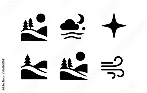vector solid black filled icons snow drifted valley (evening): pink glow calm sky icy sparkle deep shadows stillness cold breeze.