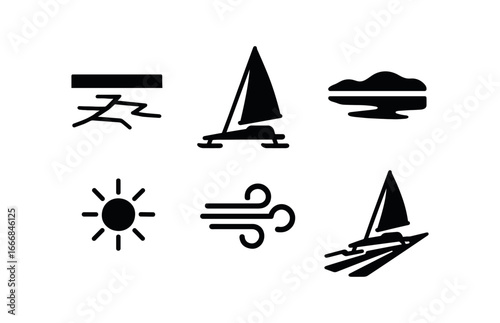 vector solid black filled icons ice yachting (wide view): lake sails distant shore winter sun crisp air long shadows.