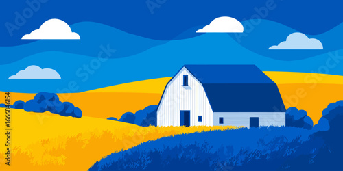 Vibrant landscape illustration of a white and blue barn on rolling yellow hills under a blue sky.