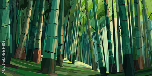 A stylized, geometric bamboo forest with vibrant green stalks and dramatic filtered sunlight.