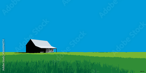 Black silhouetted rustic cabin with a light grey roof and porch in a minimalist style.