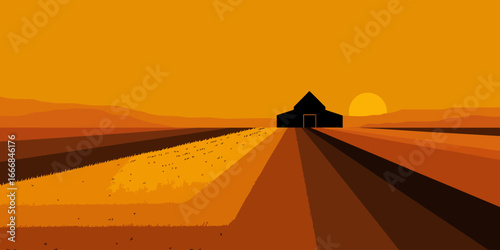 Flat vector illustration of a rural farm landscape with a barn silhouette and fields at sunset.