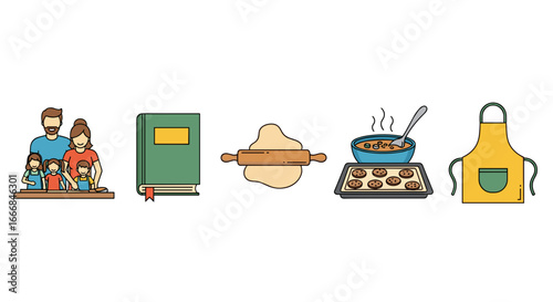 Illustration of a family baking with a cookbook dough rolling pin cookies and an apron displayed clearly