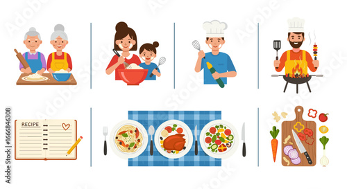 Illustrations of people cooking, grilling, and preparing food with a recipe book and finished dishes