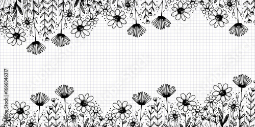 Hand Drawn Floral Frame on Grid Notebook Paper