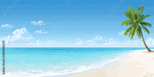 Serene tropical beach landscape with a lone palm tree, white sand, and calm turquoise ocean.