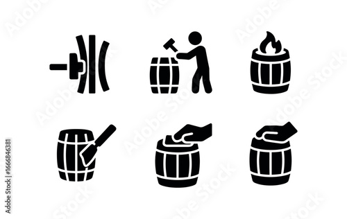 vector solid black filled icons barrel cooper (process): shaping staves fitting hoops charring interior sealing seams sanding wood testing fit.
