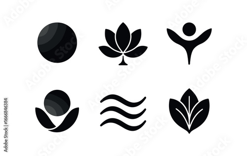 vector solid black filled icons season of harmony (abstract): smooth gradients balanced circles warm to cool tones flowing lines gentle symmetry open space.