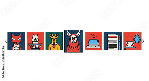 Illustration of anthropomorphic animals and office items arranged in a horizontal slider interface