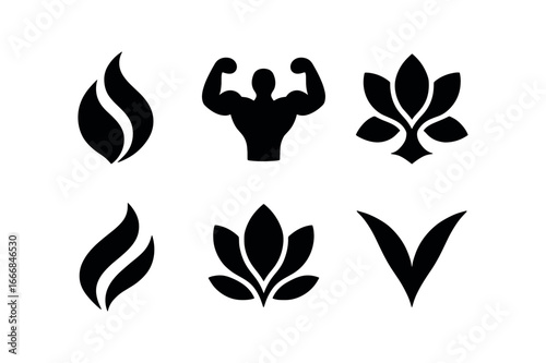 vector solid black filled icons graceful strength (abstract): flowing curves bold strokes soft gradients symmetrical lines glowing center calm palette.