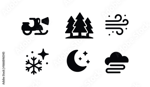 vector solid black filled icons snow scooter riding (night): headlight beam dark forest frosty air snow sparkle moonlight mist.
