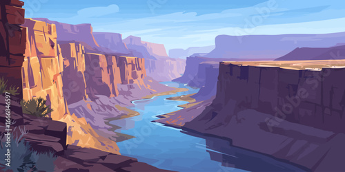 Stylized vector illustration of a majestic canyon with a winding blue river at sunset.